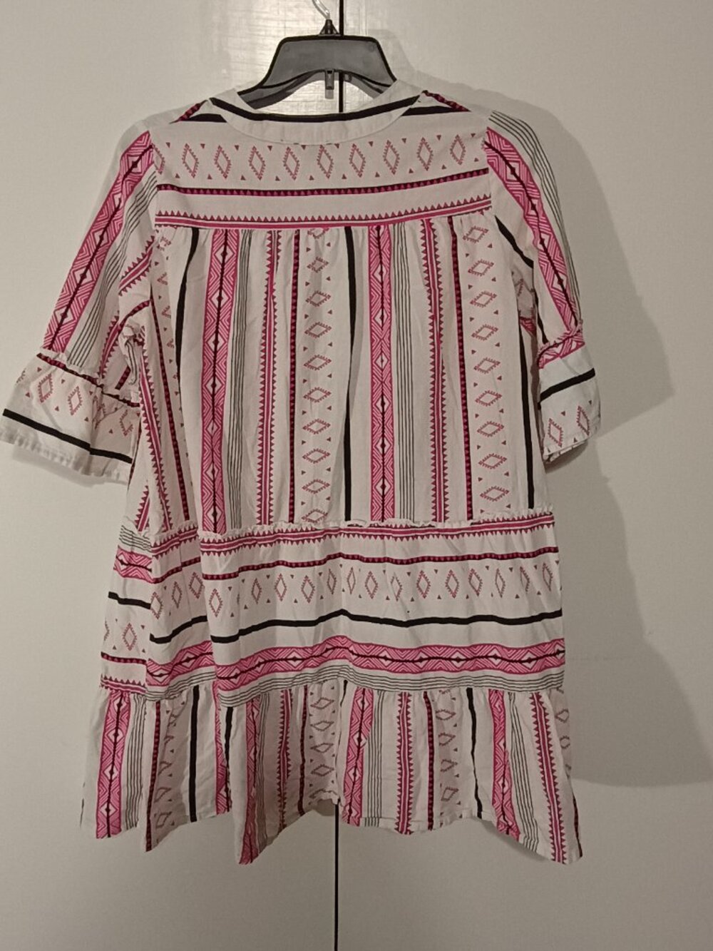 Esmara Pink Black White Geometric Tiered Boho Mini Dress 3/4 Bell Sleeve L - Picture 3 of 8